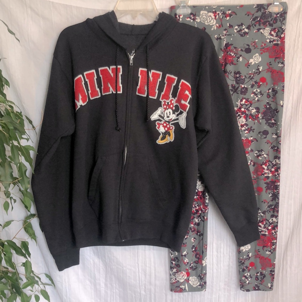 DISNEY WORLD black Sz S Minnie Mouse zip up hoodie by Hanes & LULAROE leggings